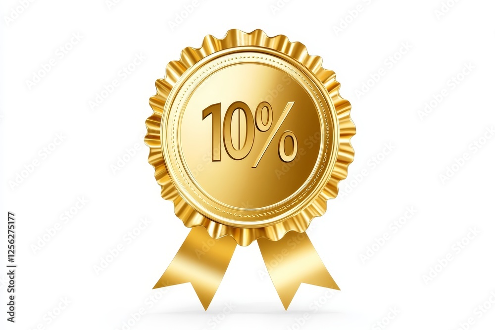 Gold Badge Award Ten Percent Discount - A golden badge with a ribbon, symbolizing achievement, reward, ten percent off, sales promotion, and premium quality Gold Badge Award Ten Percent Discount - A golden badge with a ribbon, symbolizing achievement, reward, ten percent off, sales promotion, and premium quality