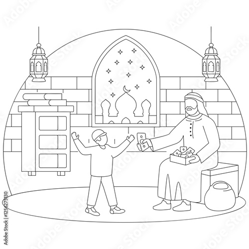 Eidi Money Generosity and Giving vector icon design, Ramadan and Eid al-Fitr Banner Muslim fasting month sketch, Arab Traditional Saudi Man wearing thawb and shemagh Cash Giving to Kids concept