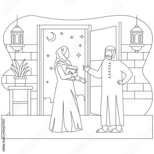 Evening Gatherings During Eid Holidays vector icon design ramadan ied al-Fitr outline,Muslim fasting month scene Arabs home Interior illustration Emirati couple Talking About upcoming Festival concept