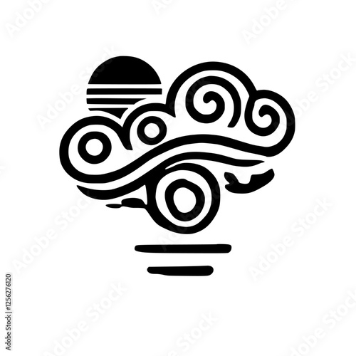 Abstract black and white stylized depiction of a stylized sun and cloud, in a clean, contemporary style, against white.
