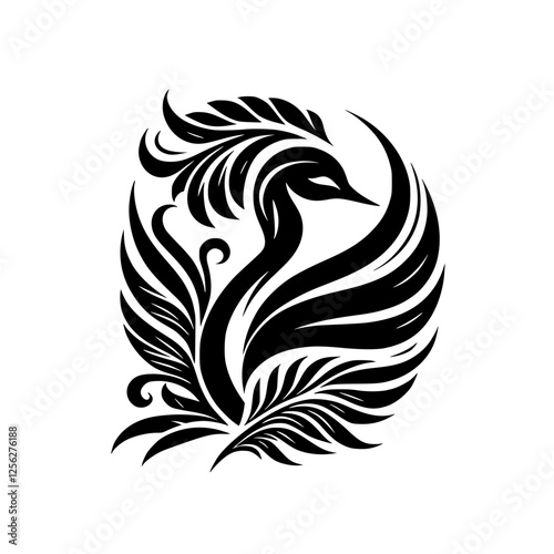 Elegant stylized black swan illustration with elaborate details, set on a white backdrop.