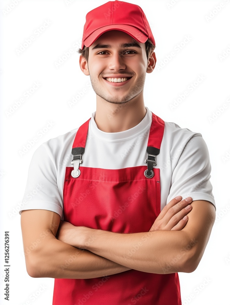 Happy fast food worker with crossed arms isolated on white background