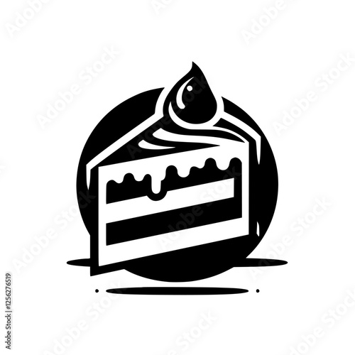 Cake slice, black and white illustration of a cake slice with a drop of icing.