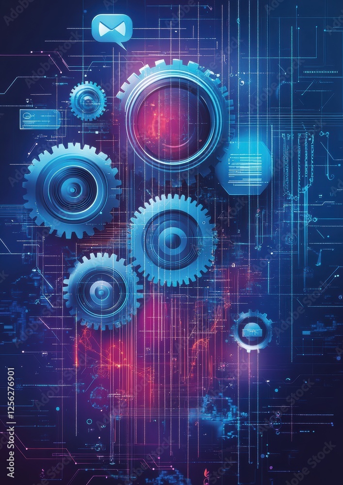 Isometric illustration showcasing digital gears and futuristic connectivity concepts Isometric illustration showcasing digital gears and futuristic connectivity concepts