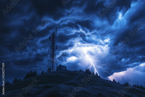 A photo of a lightning strike against the backdrop of a tall radio tower on a hill Generative AI	
