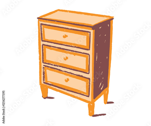 Wooden chest of drawers for clothes, retro-style bedroom furniture, hand drawing. Flat vector style isolated on a white background