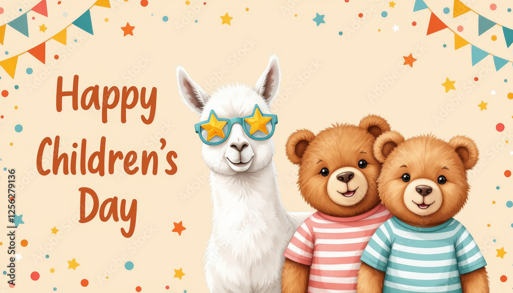 Cute llama and teddy bears celebrating Children's Day Cute llama and teddy bears celebrating Children's Day