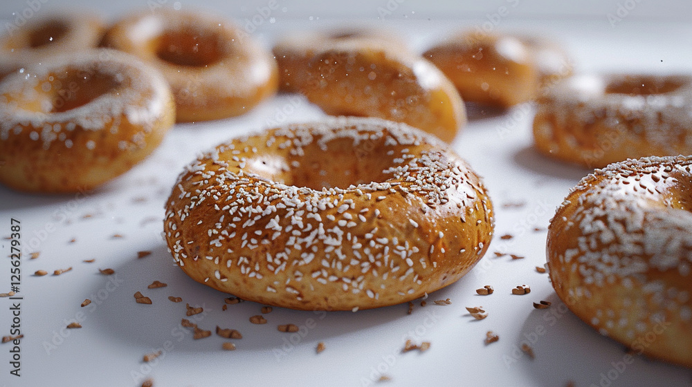Bagels product shoot,Stock Image, HD Quality, hyper realistic, photo, Camera Flash, minimal, perspective photo shoot, white background, eye level Bagels product shoot,Stock Image, HD Quality, hyper realistic, photo, Camera Flash, minimal, perspective photo shoot, white background, eye level