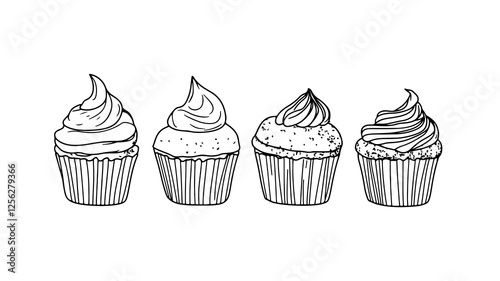 Cupcakes line art illustration. Cakes have different frosting designs. Perfect for bakery menus or dessert-themed designs. Black outlines on plain white background