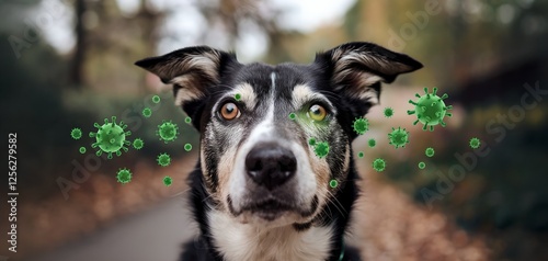 portrait of dog with viruses around.  Green background. Vetareinarian concept. For banner, design, concept, flyer, poster, clinic photo