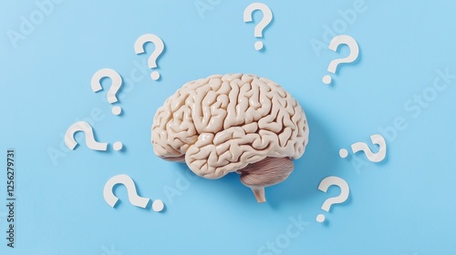 Brain surrounded by question marks on a blue background illustrating curiosity and inquiry in cognitive thought processes