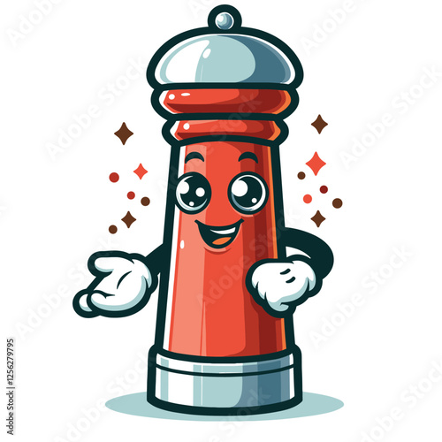 Whimsical Cartoon Pepper Shaker with Cheerful Expression in Vector Art Style