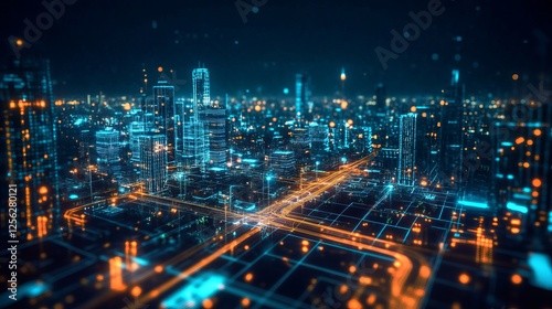 Wallpaper Mural A futuristic city at night, glowing with bright lights and advanced technology.  It's a cyberpunk scene, showing a 5G network and buildings of a sci-fi capital. Torontodigital.ca