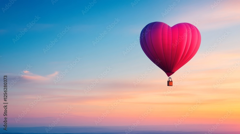 Obraz premium Heart Shaped Balloon Sunset Flight - A heart-shaped hot air balloon ascends at sunset, symbolizing love, adventure, freedom, hope, and dreams. A romantic and peaceful scene
