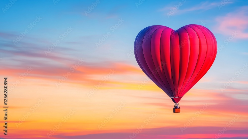 Obraz premium Heart Shaped Balloon Sunset Flight - A romantic heart-shaped hot air balloon floats serenely against a vibrant sunset sky, symbolizing love, adventure, freedom, hope, and dreams