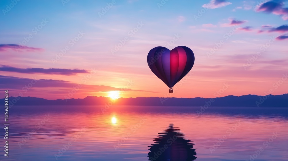 Obraz premium Heart Shaped Balloon Sunset Over Calm Water - A heart-shaped hot air balloon floats serenely over a calm lake at sunset, creating a romantic and peaceful scene