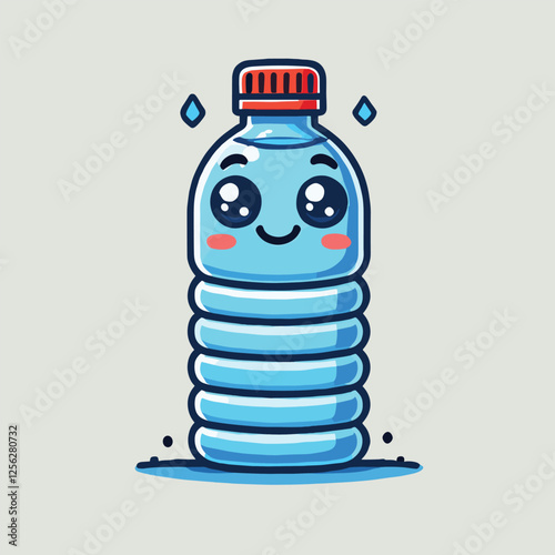 Cute Kawaii Water Bottle with Smiling Face - Vector Cartoon Illustration