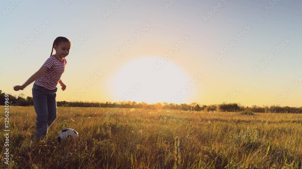 Child girl kicking soccer ball with foot. Child kid having fun in field at sunset, plays football, trains, learns, enjoys game, joyful time at sunset in field. Girl child kid kicks soccer ball high up Child girl kicking soccer ball with foot. Child kid having fun in field at sunset, plays football, trains, learns, enjoys game, joyful time at sunset in field. Girl child kid kicks soccer ball high up