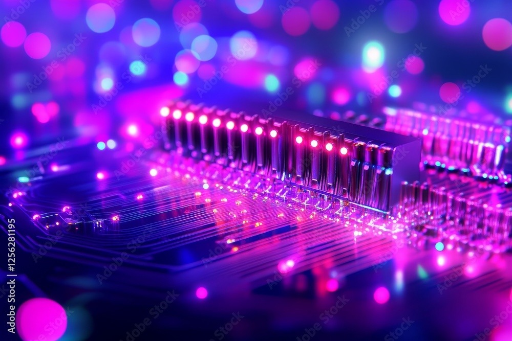 Illuminated Circuit Board Technology - Close-up of a circuit board with glowing LED lights, showcasing intricate technological details. High-tech, vibrant, and futuristic Illuminated Circuit Board Technology - Close-up of a circuit board with glowing LED lights, showcasing intricate technological details. High-tech, vibrant, and futuristic