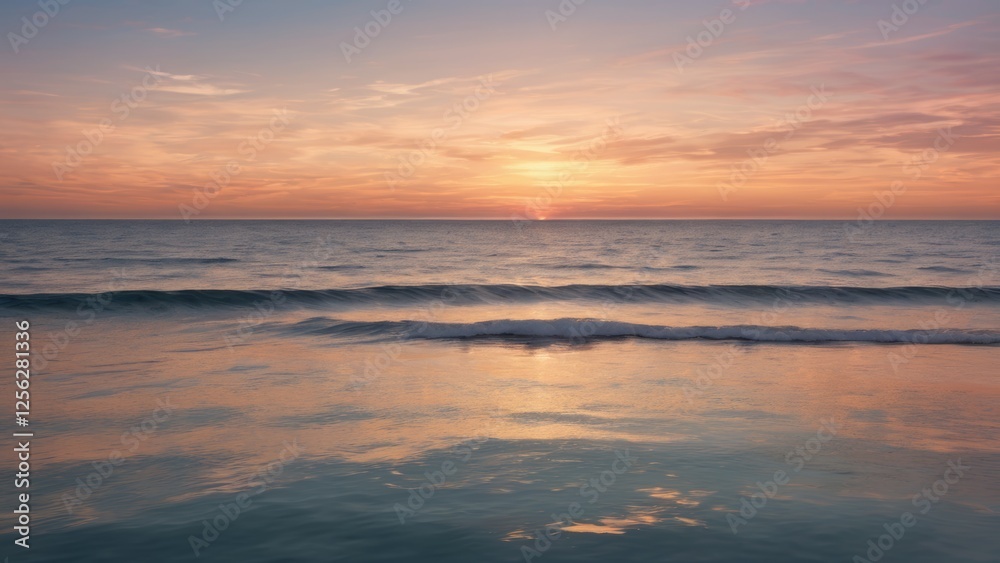 Naklejka premium Vast ocean under a pastel sunset, with soft gradient colors reflecting on the water's surface. Gentle waves create a serene and dreamy seascape, extending to the distant horizon