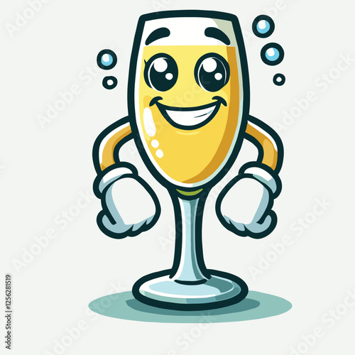 Cheerful Cartoon Champagne Glass Character Illustration with Bubbles