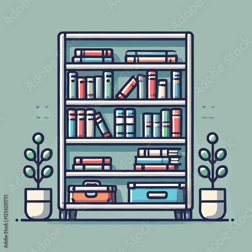 Organized Bookshelf with Potted Plants Charming Vector Illustration of Home Library