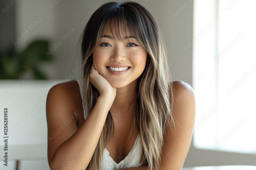 Smiling young woman with long hair in a bright indoor space during daylight Smiling young woman with long hair in a bright indoor space during daylight