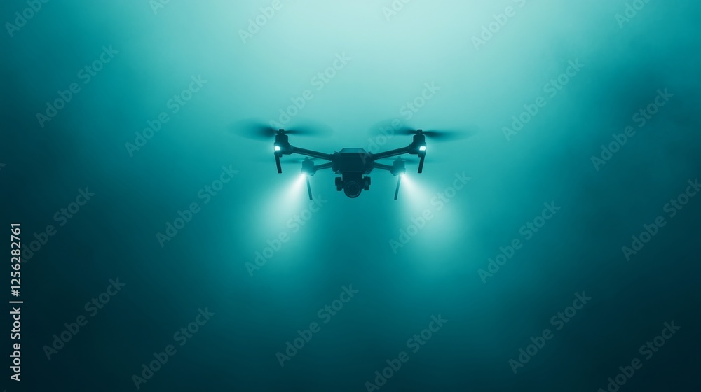 Surveillance drone hovers silently in a foggy environment, its lights cutting through the mist. The scene suggests a focus on observation and monitoring in low visibility conditions. Surveillance drone hovers silently in a foggy environment, its lights cutting through the mist. The scene suggests a focus on observation and monitoring in low visibility conditions.