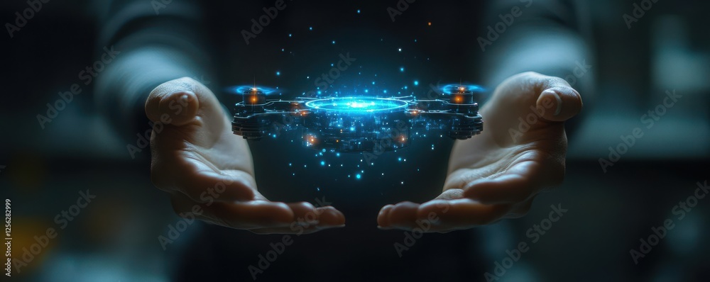 Fototapeta premium Man manipulating a holographic drone representation with glowing blue effects