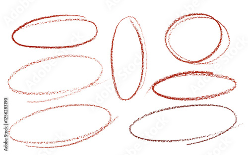Hand drawn set of ovals and circles for design use. Red pencil hand drawn doodle ellipses on transparent background. Abstract pencil drawing. Artistic illustration elements