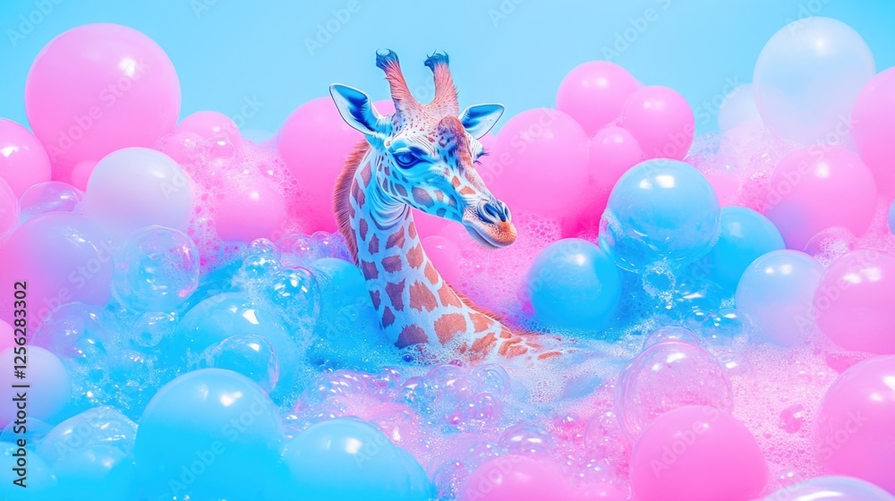 Fototapeta Colorful giraffe in a sea of pink and blue balloons and bubbles