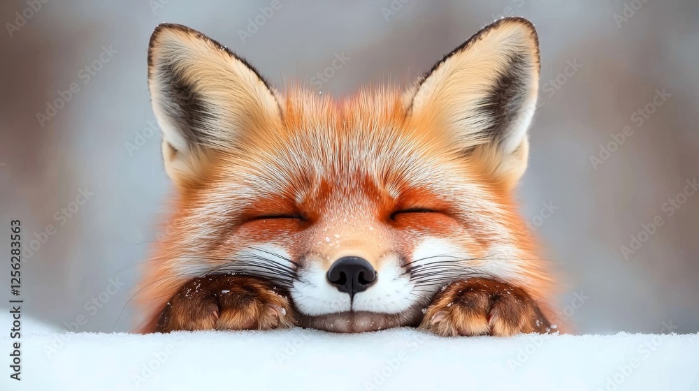 Obraz premium Red fox peacefully sleeping in the snow with head down, showcasing winter serenity and wildlife beauty.