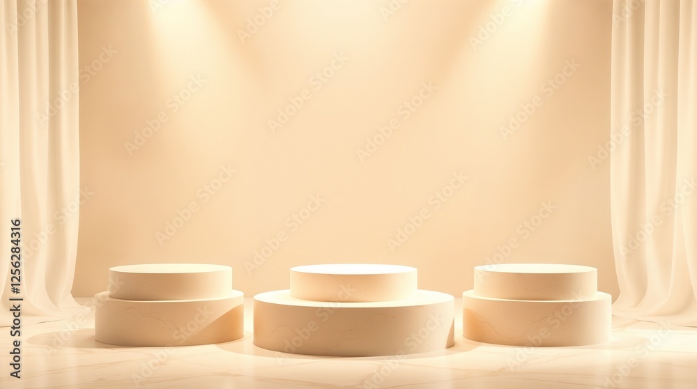 Three beige light podium for cosmetic product presentation Three beige light podium for cosmetic product presentation
