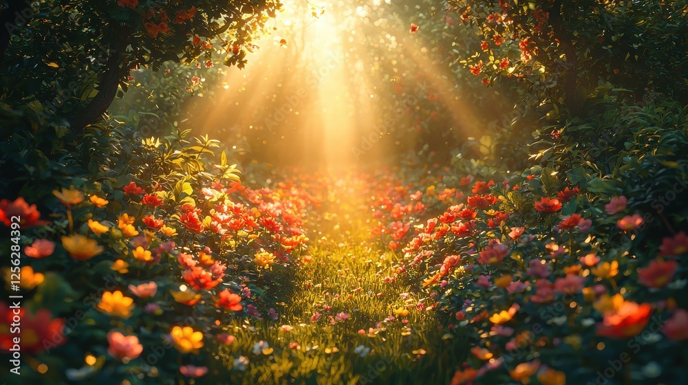 Obraz premium Sunlit Garden Path with Vibrant Flowers