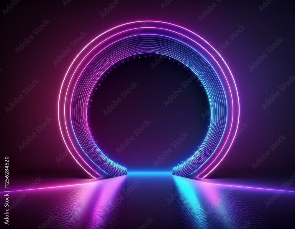 Obraz premium 3d render, abstract ultraviolet background, pink blue neon light, round shape, portal, virtual reality, energy source, led, blank space, laser show