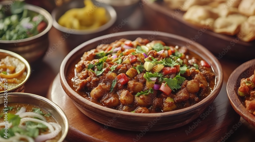 Chole Bhature dish served on a wooden plate, food, Indian cuisine, street food, traditional, spicy, delicious, vegetarian, lunch Chole Bhature dish served on a wooden plate, food, Indian cuisine, street food, traditional, spicy, delicious, vegetarian, lunch