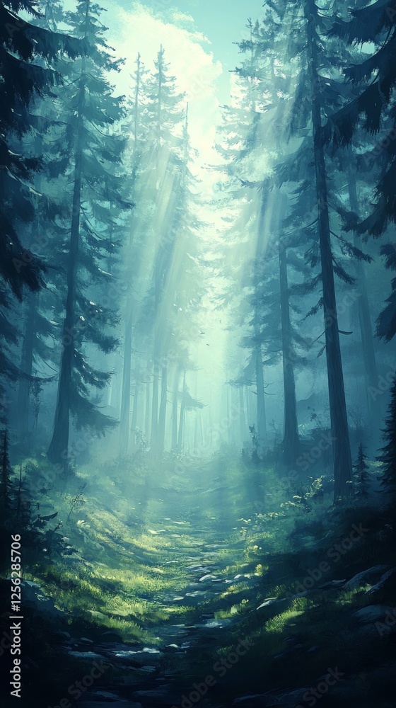 Fototapeta premium Sunlit Path Through Misty Forest: A Serene Landscape of Towering Trees and Radiant Light in a Lush Wilderness