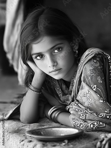 Jeune fille indienne posant, noir et blanc photo