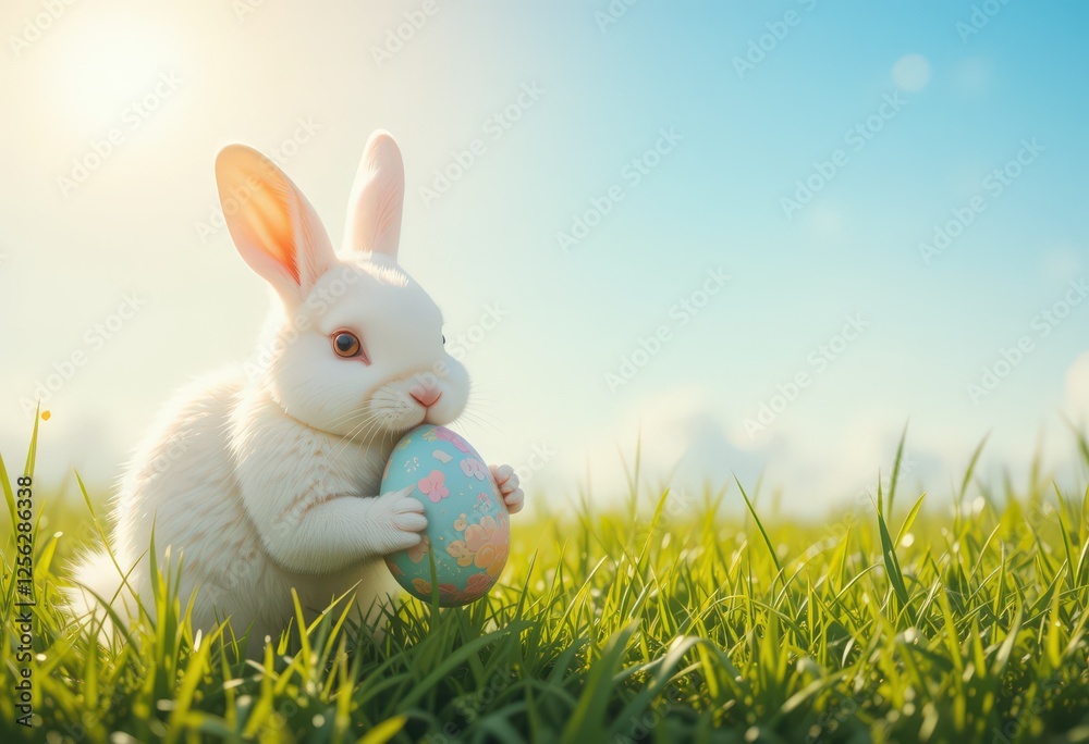 Fototapeta premium Adorable white bunny holding Easter egg in sunny grass field.