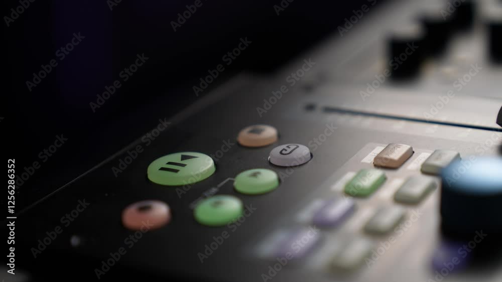 Close-up of pressing the PAUSE - PLAY button on a mixing console in a recording studio Close-up of pressing the PAUSE - PLAY button on a mixing console in a recording studio