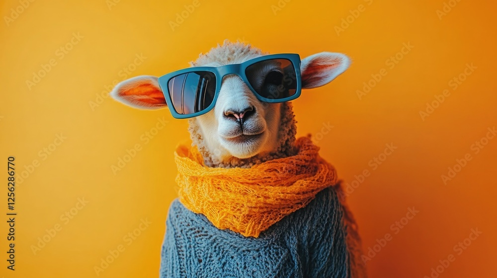 Cool sheep in sunglasses and sweater against orange background Cool sheep in sunglasses and sweater against orange background