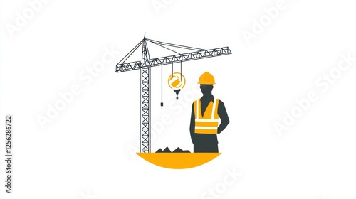 Construction worker near crane, site background.  Possible use Stock photo for construction, safety, or industry projects photo