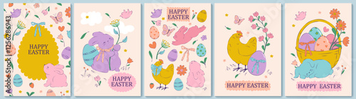 
Easter design. Hand drawn cute bunnies, eggs, flowers, plants, chick . Colorful vector spring illustrations.  Holiday cards, banners, covers.