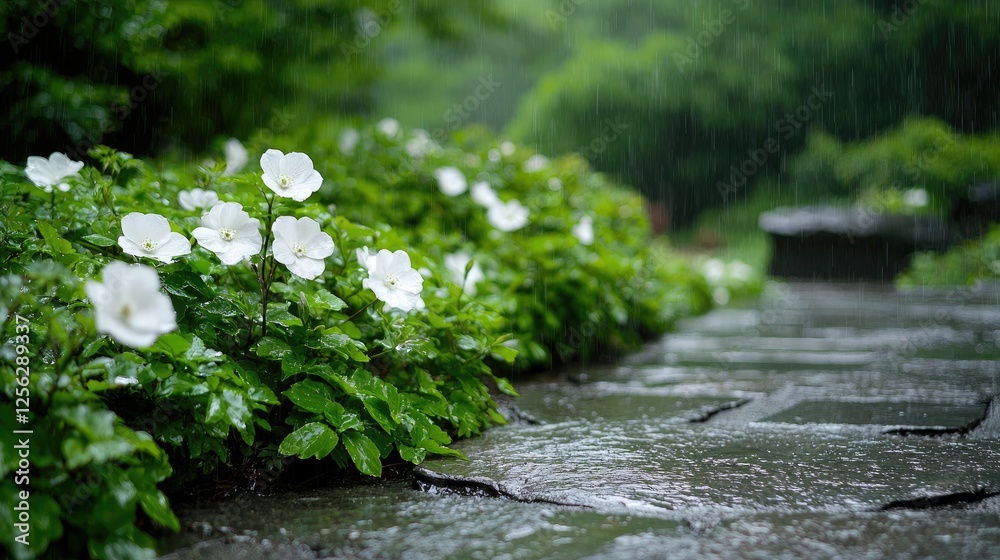 Fototapeta premium White flowers in rain on stone path