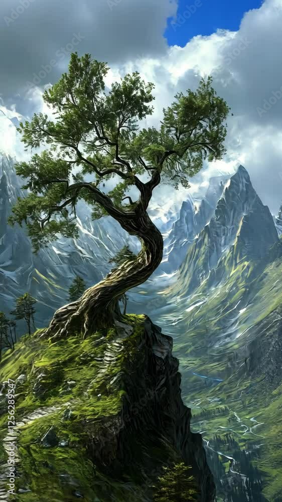 Majestic twisted tree stands on a rocky precipice with towering mountains in the background Majestic twisted tree stands on a rocky precipice with towering mountains in the background