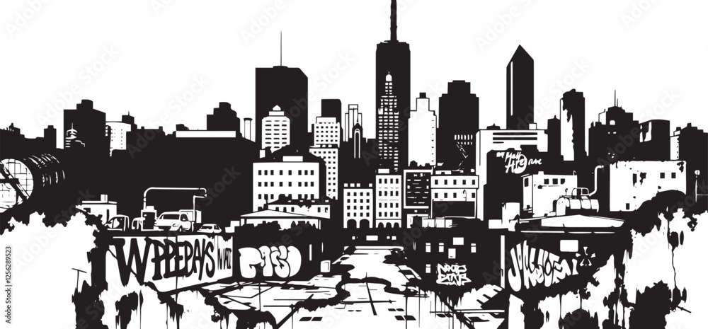 Obraz premium City landscape. Line urban backdrop. Different buildings on street, outline cityscape hand sketch, flat houses. Hand drawn vector illustration