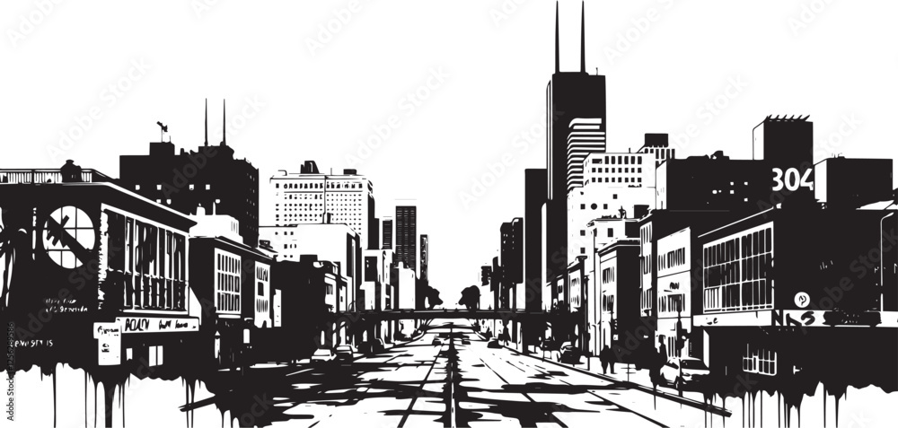 Obraz premium City landscape. Line urban backdrop. Different buildings on street, outline cityscape hand sketch, flat houses. Hand drawn vector illustration