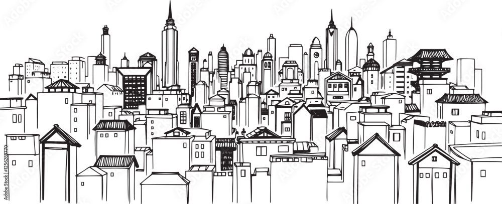 Obraz premium City landscape. Line urban backdrop. Different buildings on street, outline cityscape hand sketch, flat houses. Hand drawn vector illustration