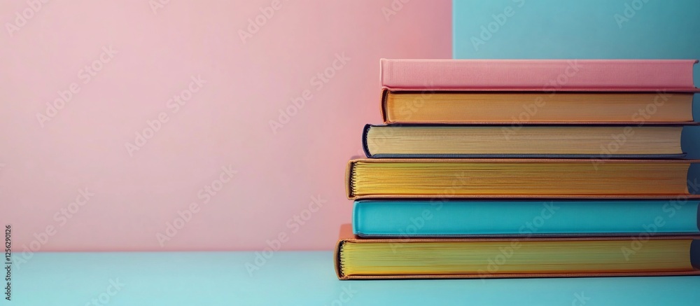 Colorful stacked books on a pastel background, ideal for education and creativity themes Colorful stacked books on a pastel background, ideal for education and creativity themes