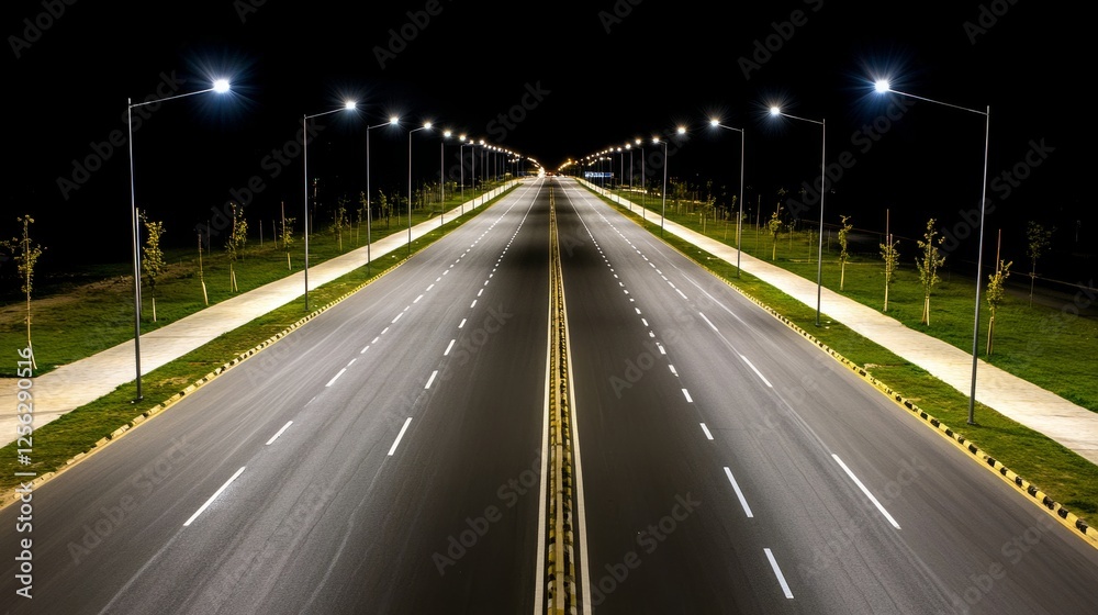 Night Highway: Empty Lanes Under Illumination - Empty highway at night, illuminated lanes, journey, freedom, solitude. Symbolising open road, opportunity, travel, progress, and stillness Night Highway: Empty Lanes Under Illumination - Empty highway at night, illuminated lanes, journey, freedom, solitude. Symbolising open road, opportunity, travel, progress, and stillness